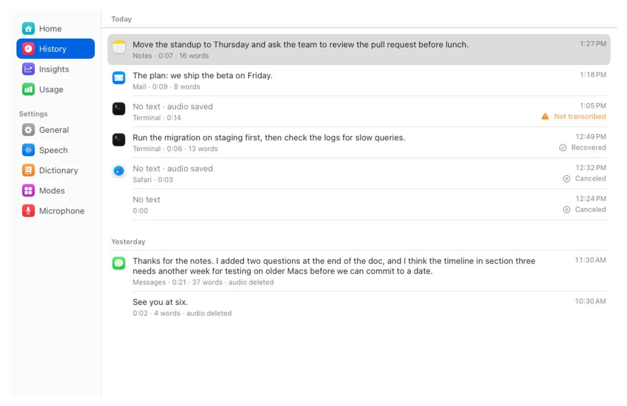 History: dictations by day, with the app, length and word count of each, and the ones not yet transcribed