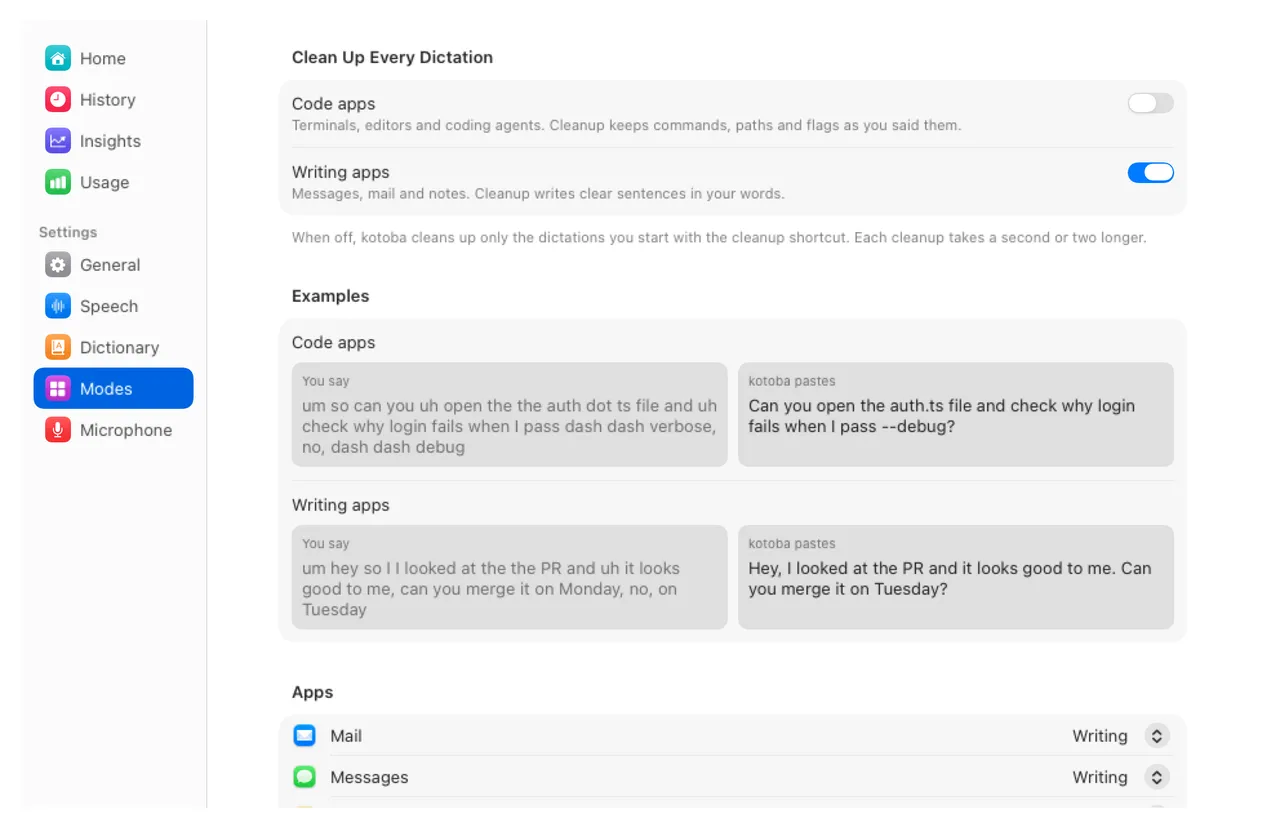 Modes: cleanup for code apps and writing apps, with an example of what you say and what kotoba pastes for each